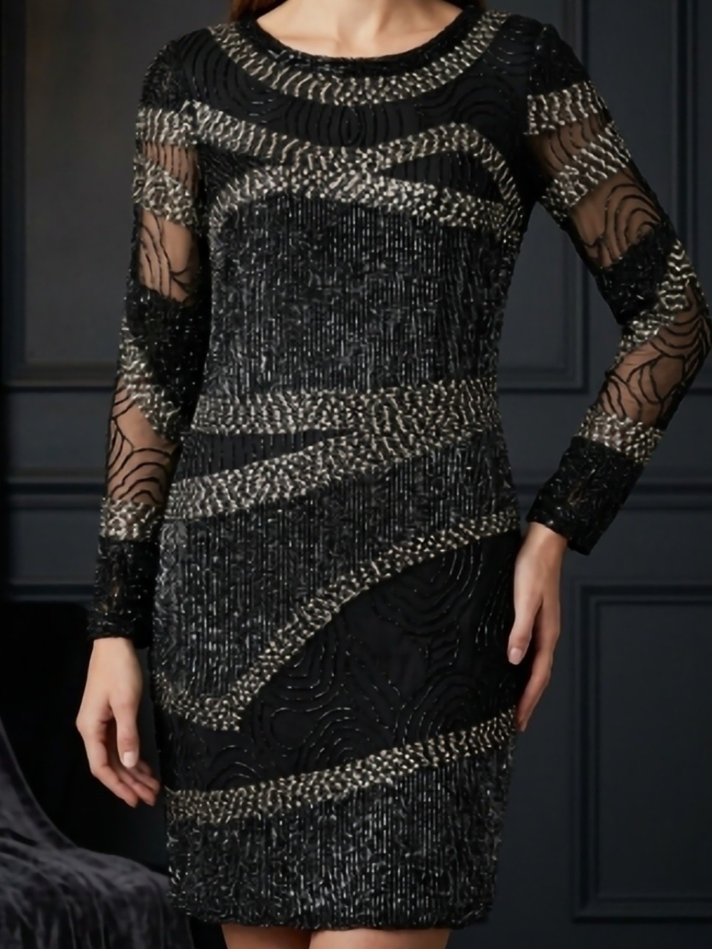 Aidan Mattox Black Dress with Gold Beaded Accents